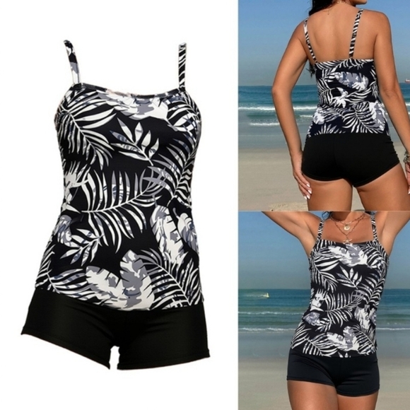 Womens Tankini Swimsuit Set Black White Floral Top with Swim Shorts Size Large - Picture 1 of 5